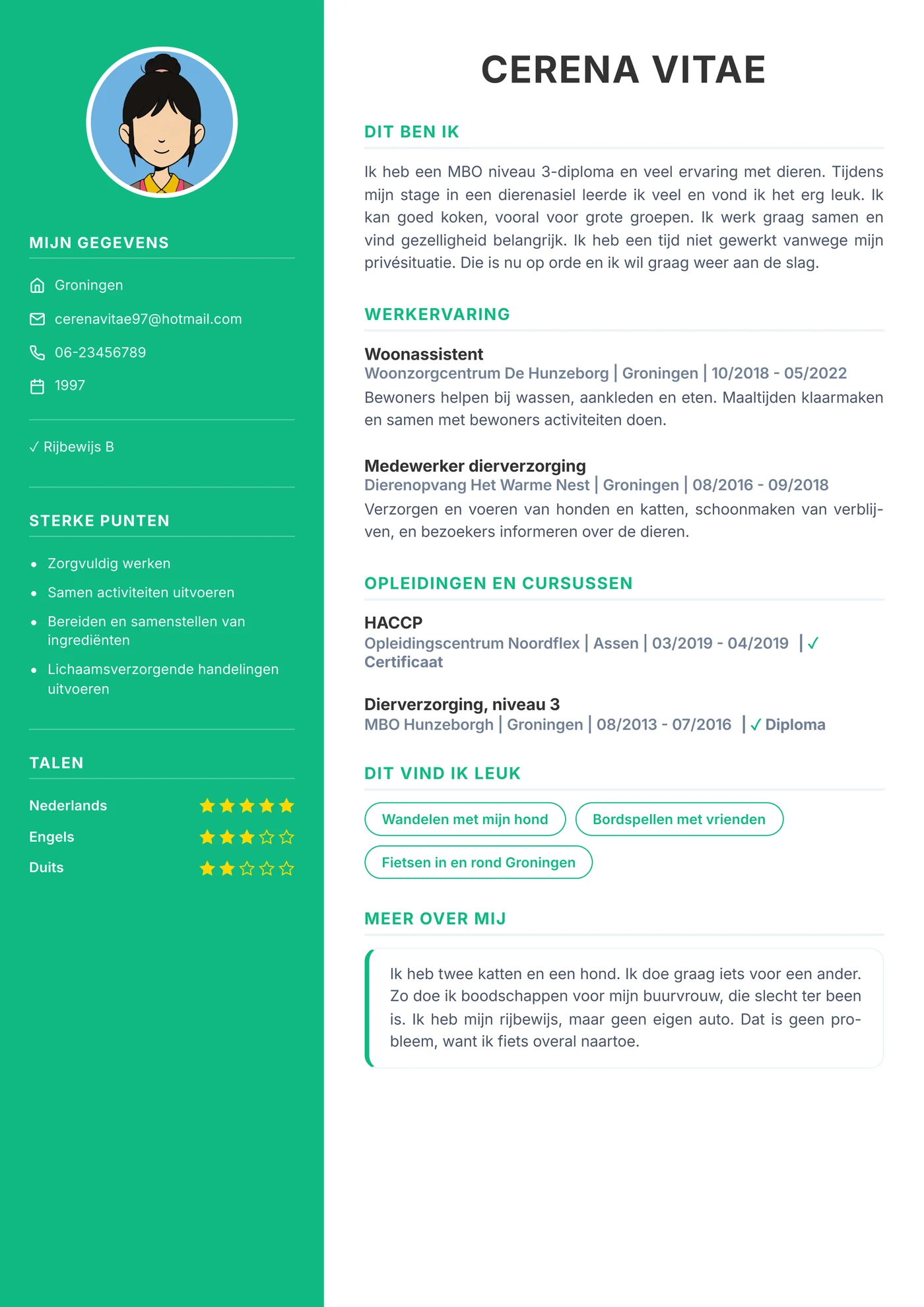 Het cv van Cerena Vitae op één pagina, in de basisvariant.