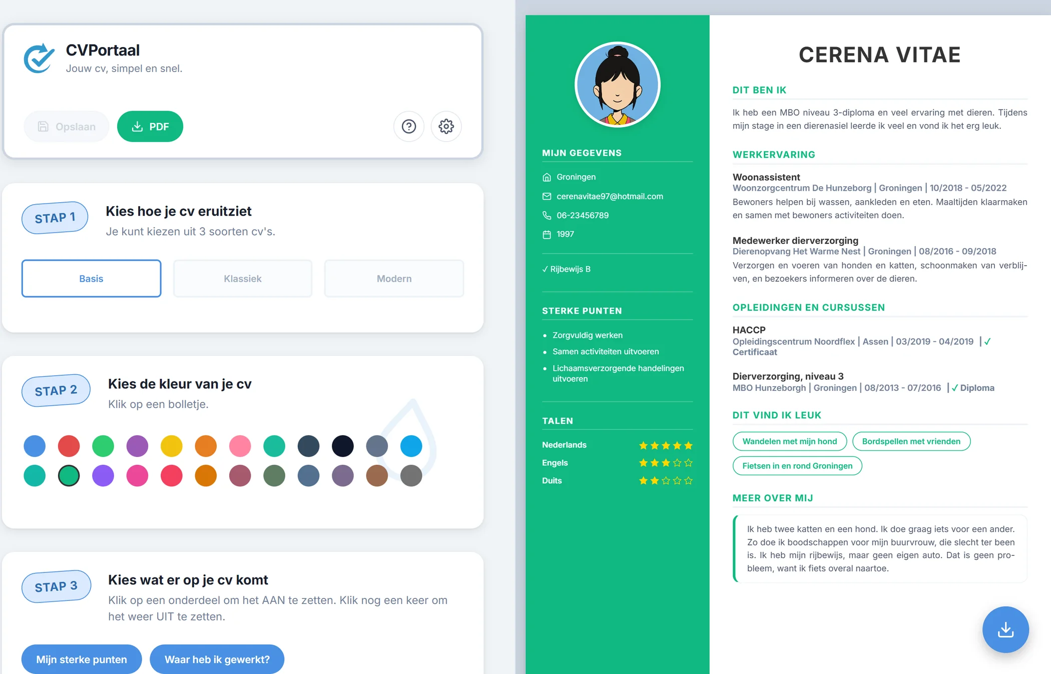 De cv-tool op een laptop: links het invulformulier, rechts het cv dat meegroeit.
