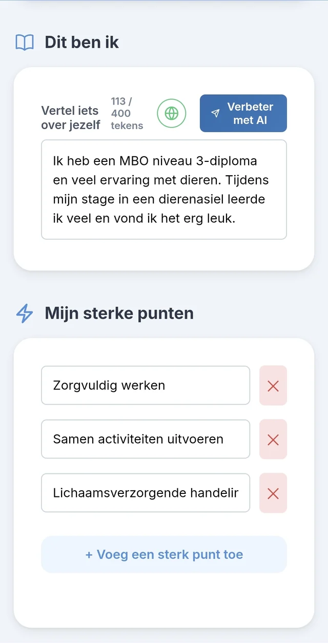 Dezelfde cv-tool op een telefoon, met het invulscherm.